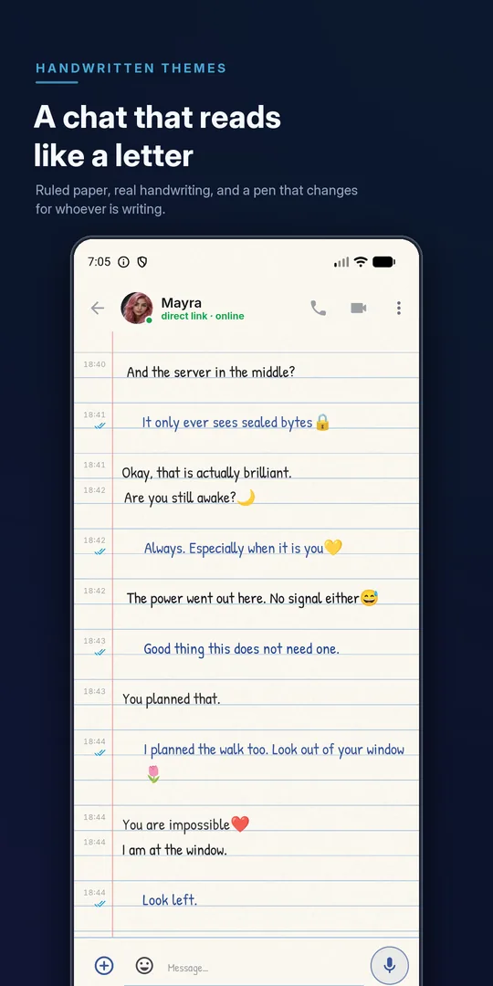 A MeshXi chat using the handwritten notebook theme, messages written on ruled paper