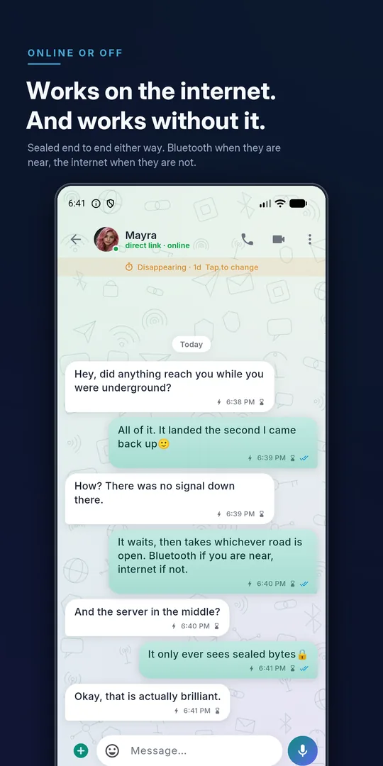 MeshXi chat sending a message with the internet off, showing the message still delivered over Bluetooth