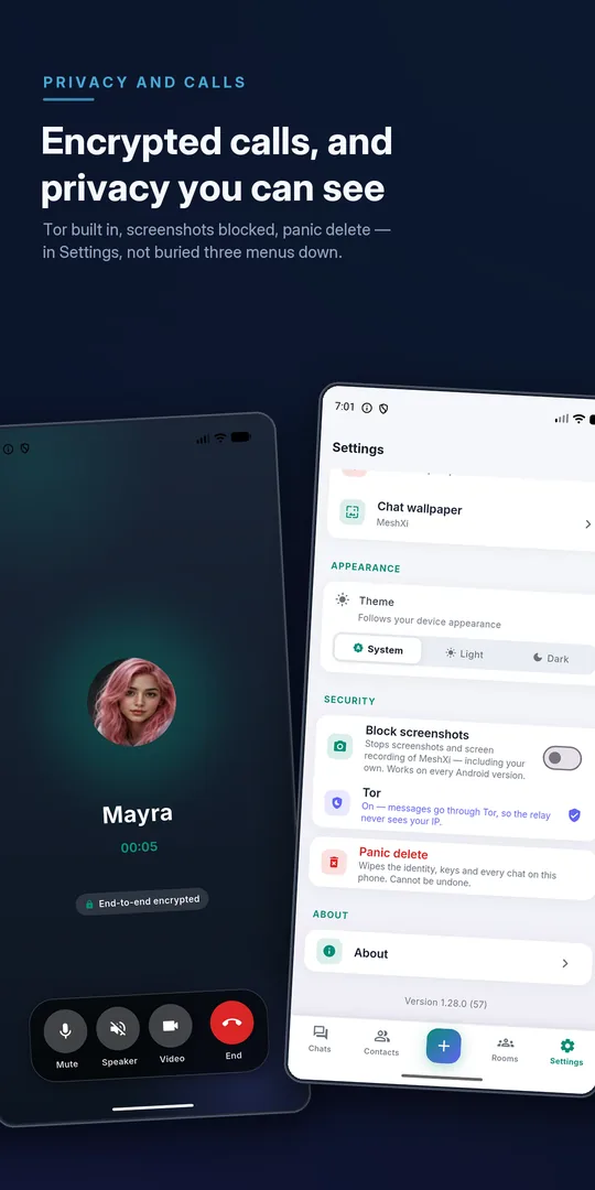 MeshXi call screen and privacy settings showing Tor built in and screenshots blocked
